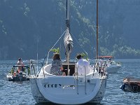 Fronleichnamsseeprozession in Traunkirchen 2017. Dieses Bild zeigt das Heck des Segelschiffes Oooky : Fronleichnamsprozession, Fronleichnamsseeprozession, Seeprozession, Traunkirchen, Traunsee, Segelschiff, Heck, Oooky